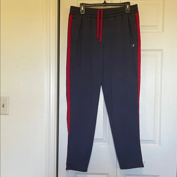 VTG Women’s M Champion track pants blue with red side stripe pockets zip ankles - Picture 3 of 13